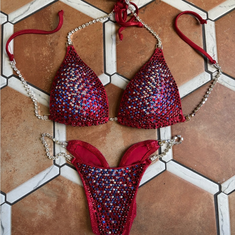 Glamorous Red and Blue Beaded Bikini Set